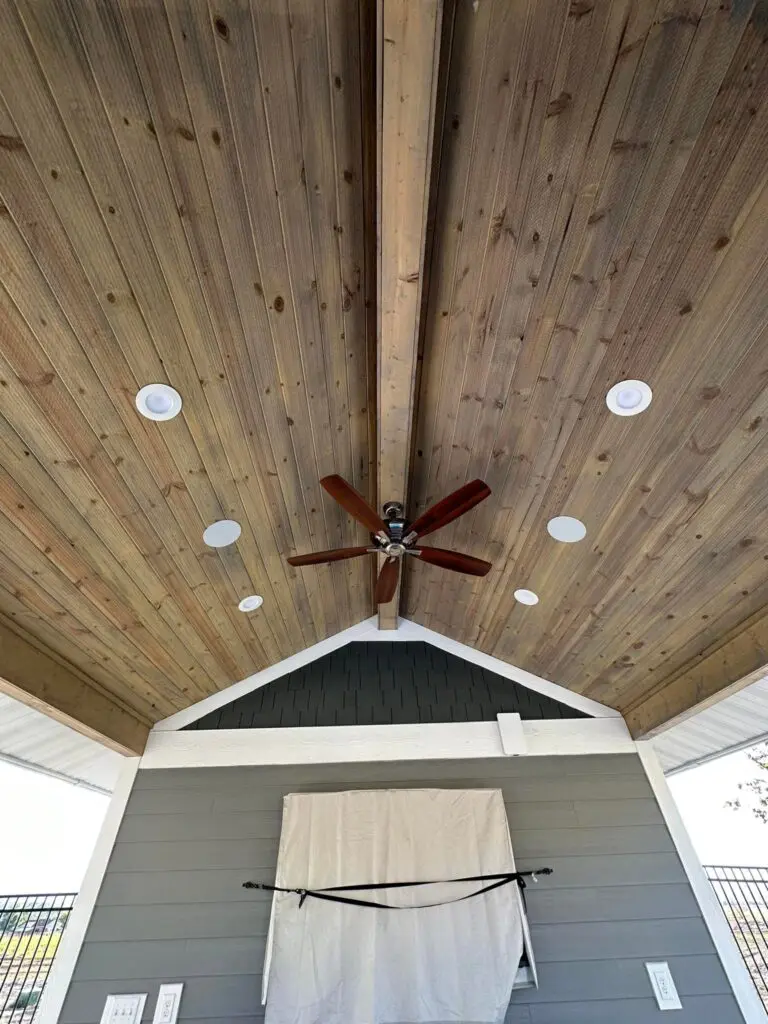 Wood ceiling on covered patio Custom Wood paneling on open deck by Latimer Plastering LLC