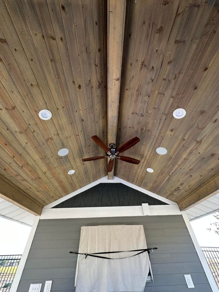 Wood ceiling on covered patio Custom Wood paneling on open deck by Latimer Plastering LLC